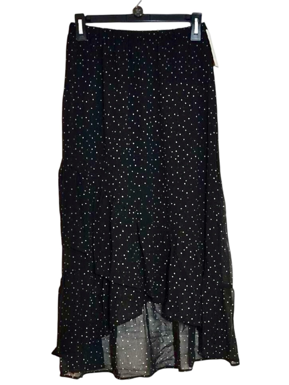 black & white polka dot, chiffon, ruffle, hi low, maxi skirt. Size XS. NWT! 🏷️🖤🤍